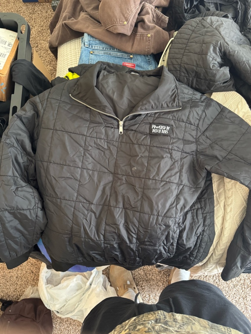 Dutch Bros Black Quilted Puffer Quarter-Zip Jacket
